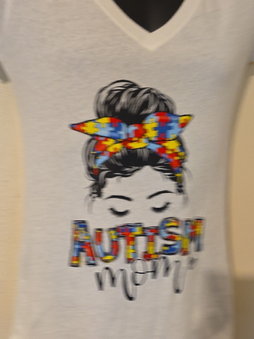 Autism Mom Puzzle-Print V-Neck Tee - White - Picture 5 of 7